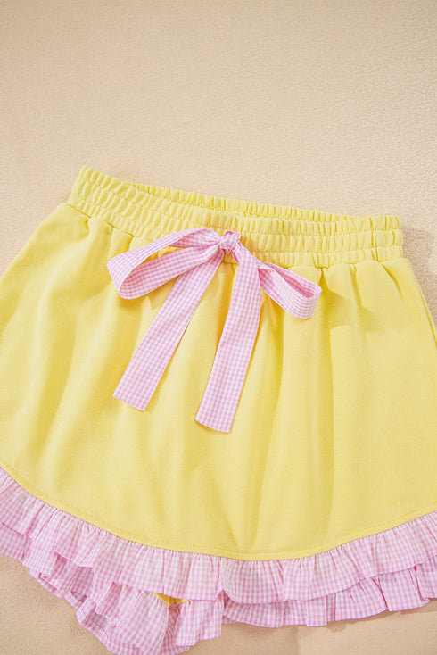 Plaid Ruffle Patchwork Drop Shoulder Pullover And Drawstring Waist Shorts Short Set